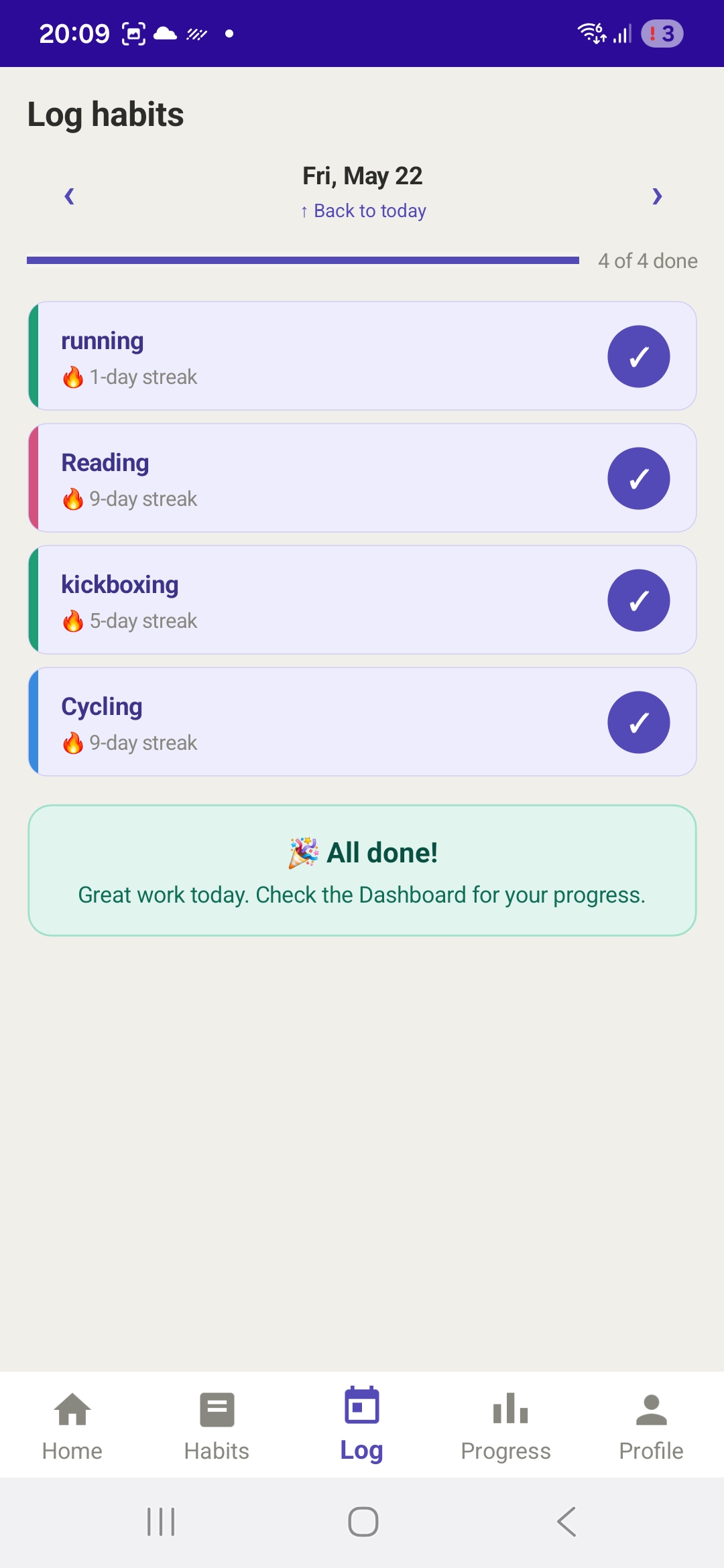 Log Habits screen